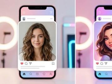 before and after creator portrait transformed into an animated profile picture with social media style energy